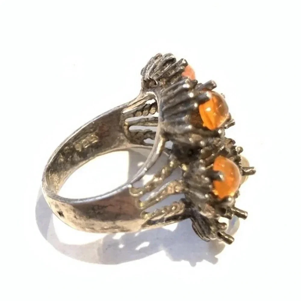 Vintage Artisan Sterling Silver Ethiopian & Mexican Fire Opal Ring Sz 8.25.